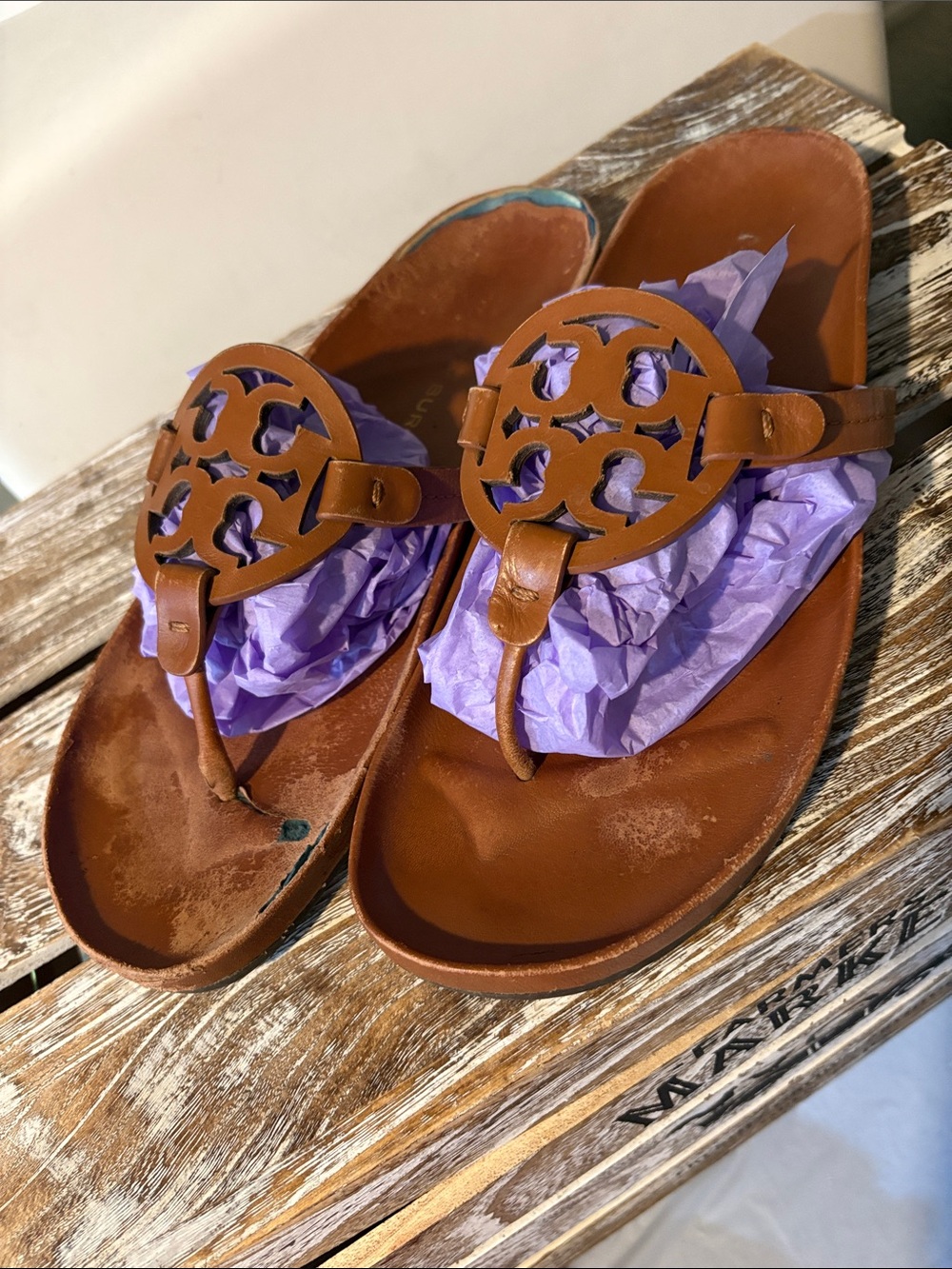 Tory Burch Brown Leather Logo Cutout Thong Sandals